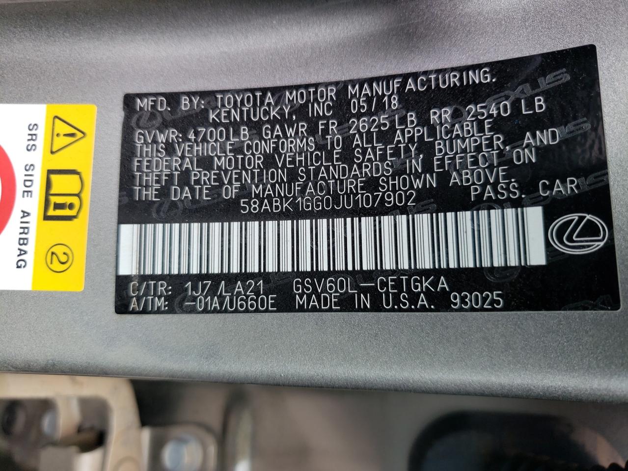 Photo 10 from auction – 2018 LEXUS ES 350 with VIN 58ABK1GG0JU107902