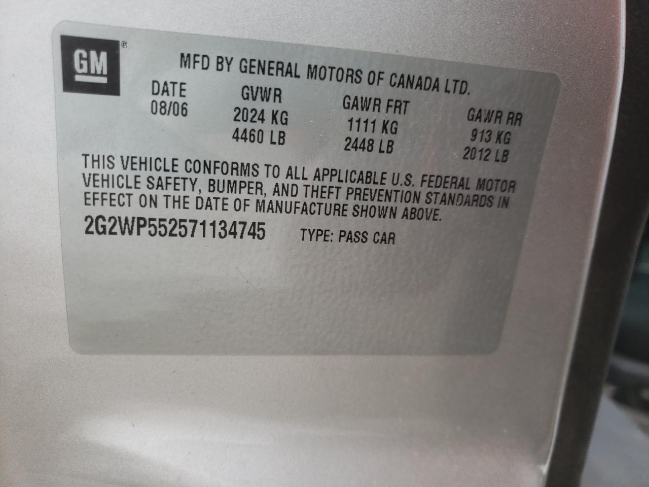 Photo 10 from auction – 2007 PONTIAC GRAN PRIX with VIN 2G2WP552571134745