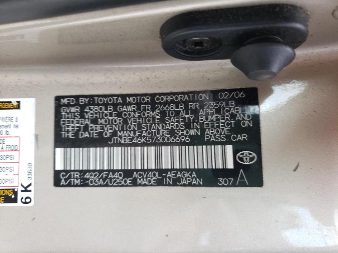 Photo 10 from auction – 2007 TOYOTA CAMRY CE with VIN JTNBE46K573006696