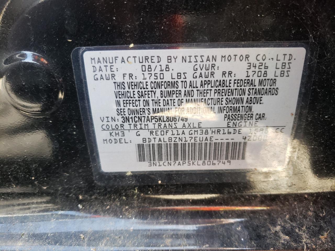 Photo 10 from auction – 2019 NISSAN VERSA S with VIN 3N1CN7AP5KL806749