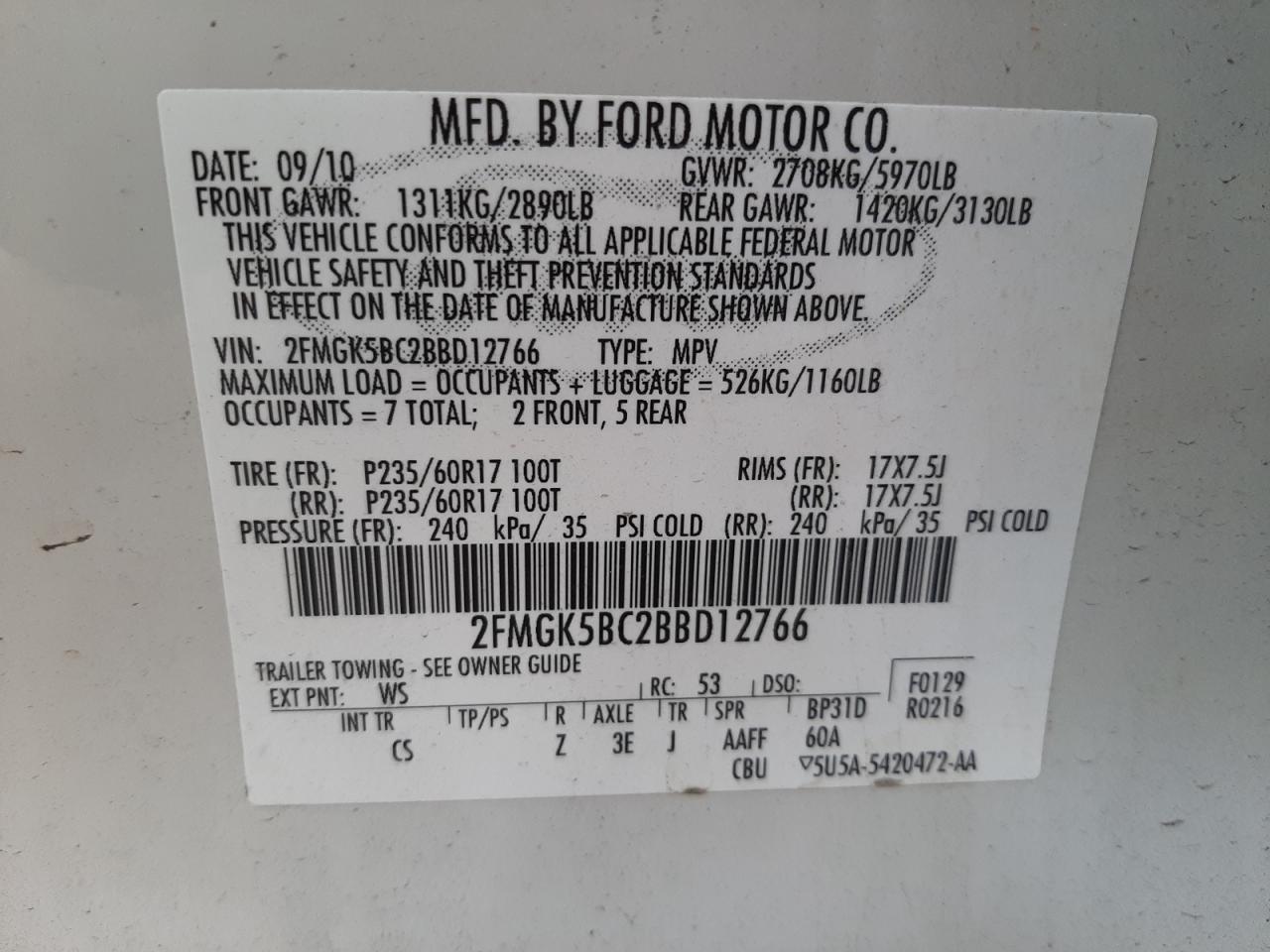 Photo 10 from auction – 2011 FORD FLEX SE with VIN 2FMGK5BC2BBD12766