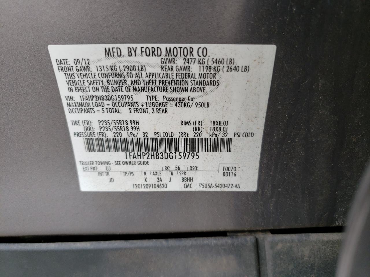 Photo 10 from auction – 2013 FORD TAURUS SEL with VIN 1FAHP2H83DG159795