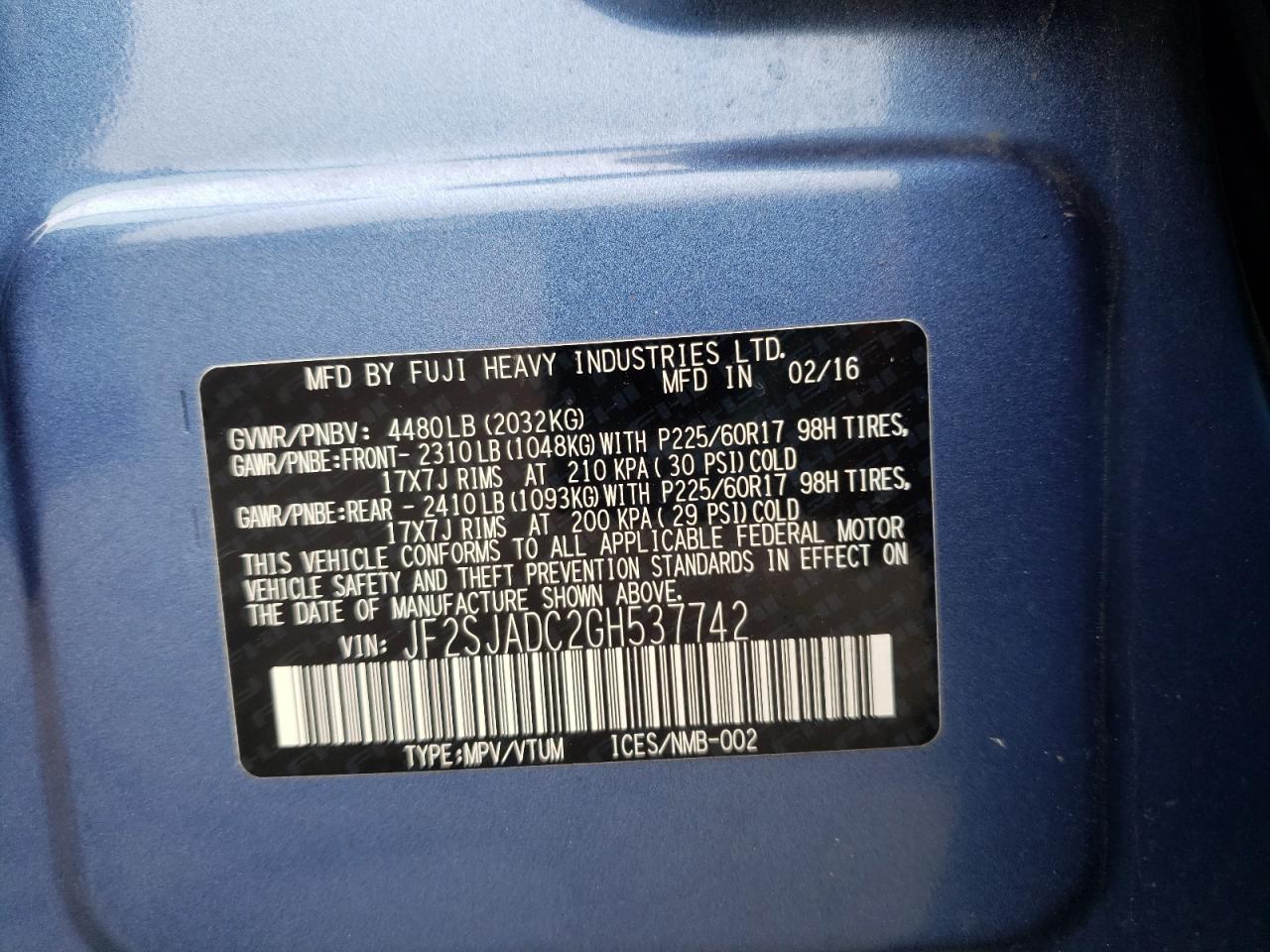 Photo 10 from auction – 2016 SUBARU FORESTER 2 with VIN JF2SJADC2GH537742