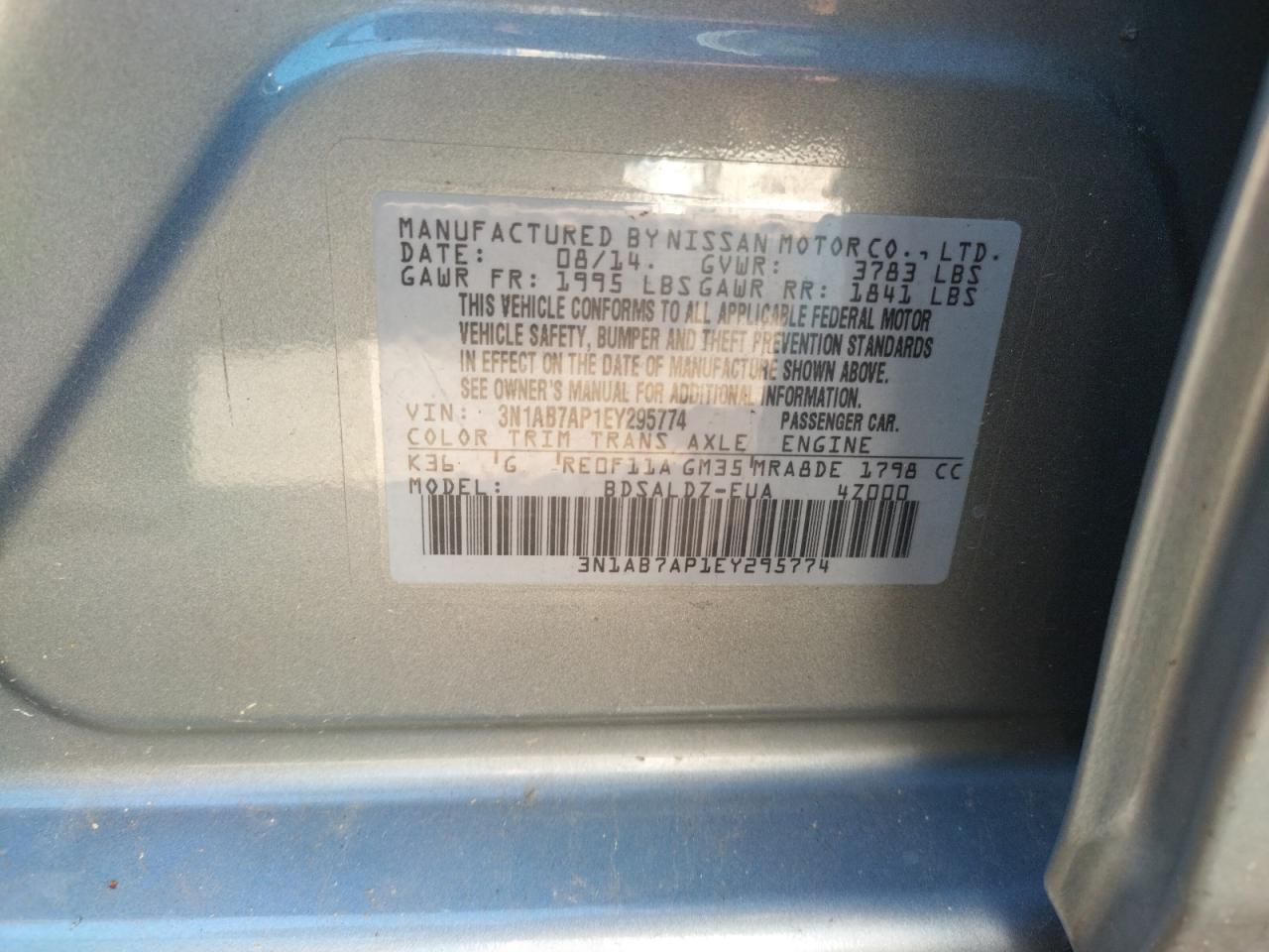 Photo 10 from auction – 2014 NISSAN SENTRA S with VIN 3N1AB7AP1EY295774