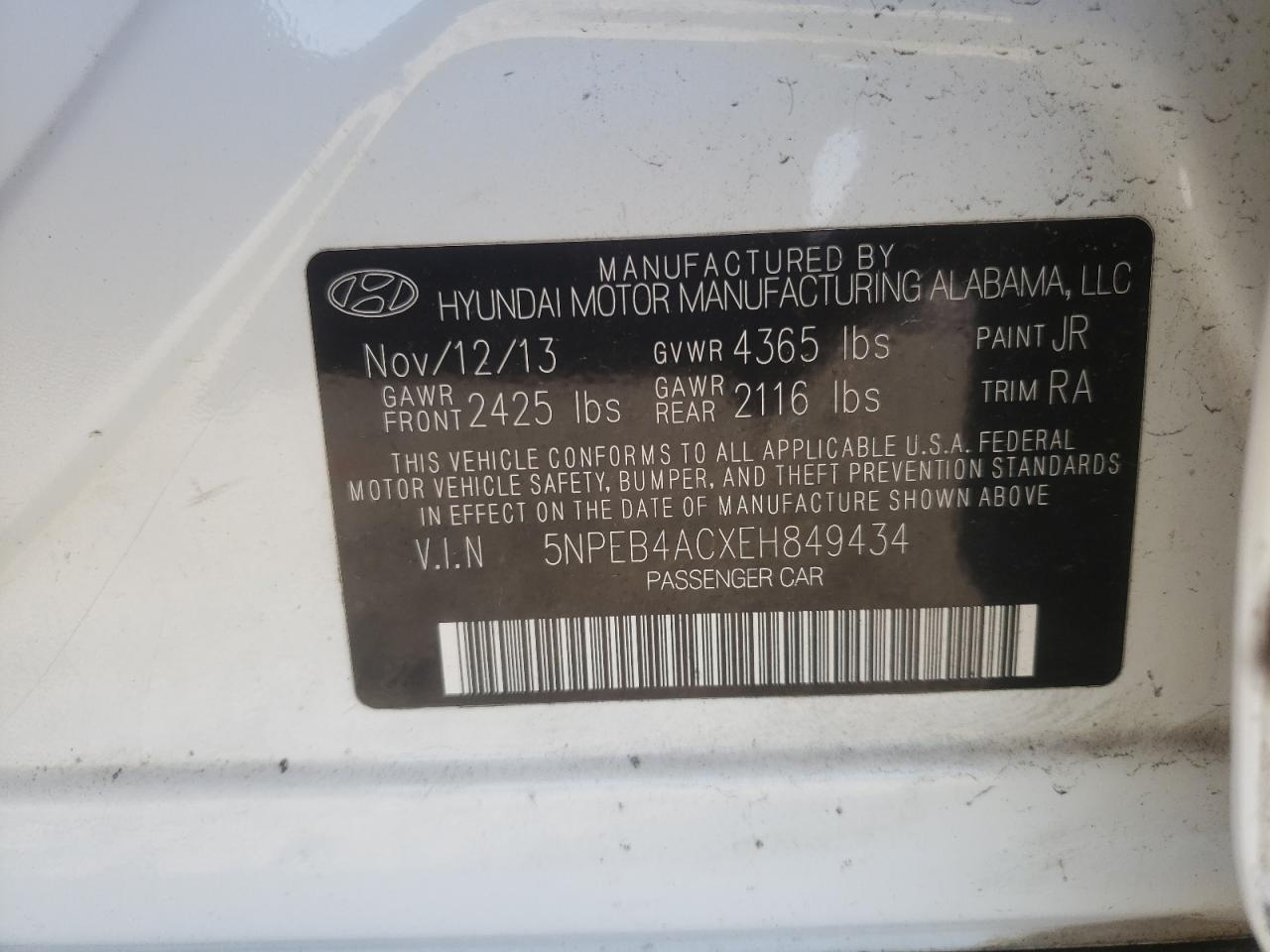 Photo 10 from auction – 2014 HYUNDAI SONATA GLS with VIN 5NPEB4ACXEH849434