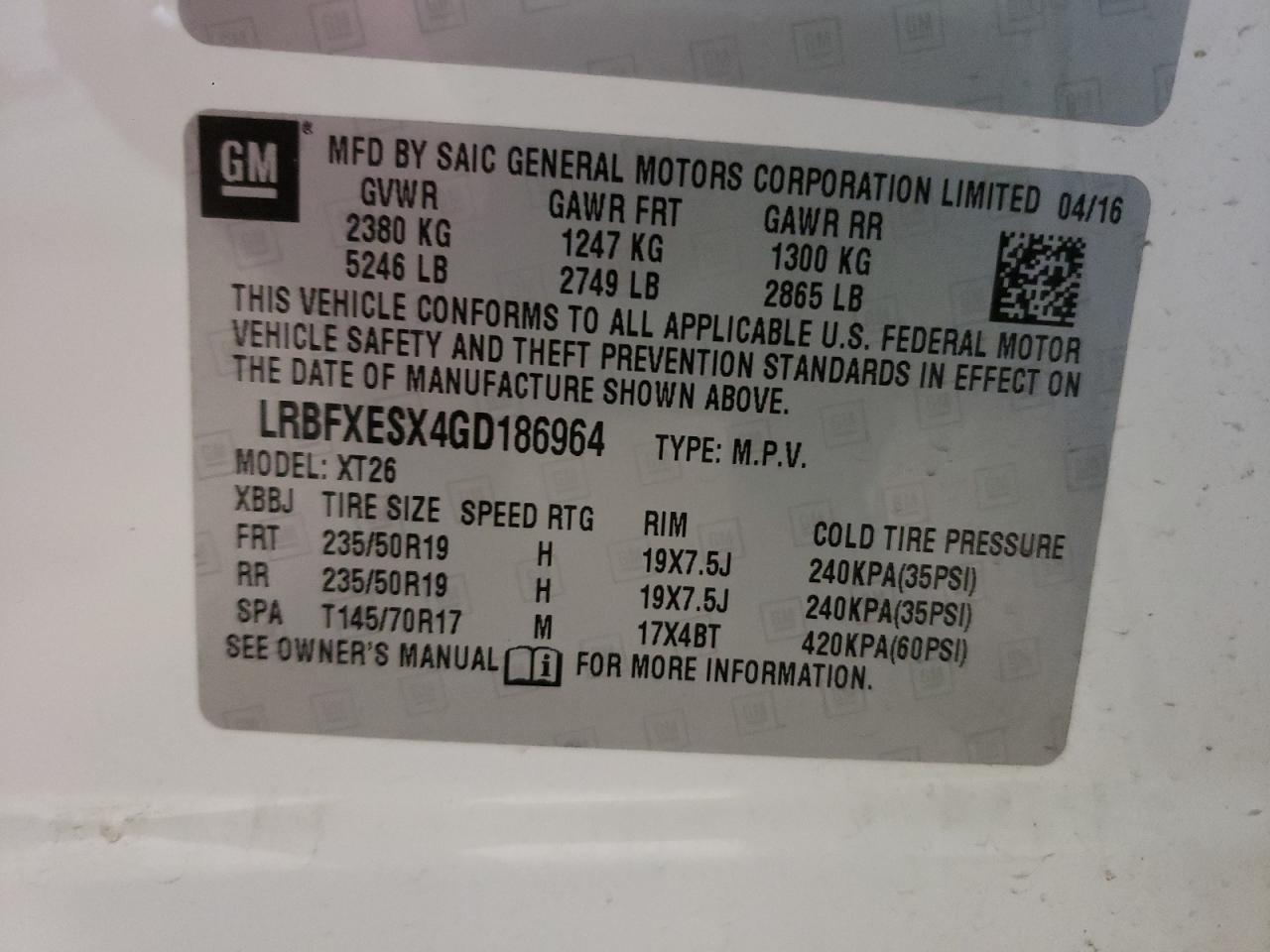 Photo 10 from auction – 2016 BUICK ENVISION P with VIN LRBFXESX4GD186964