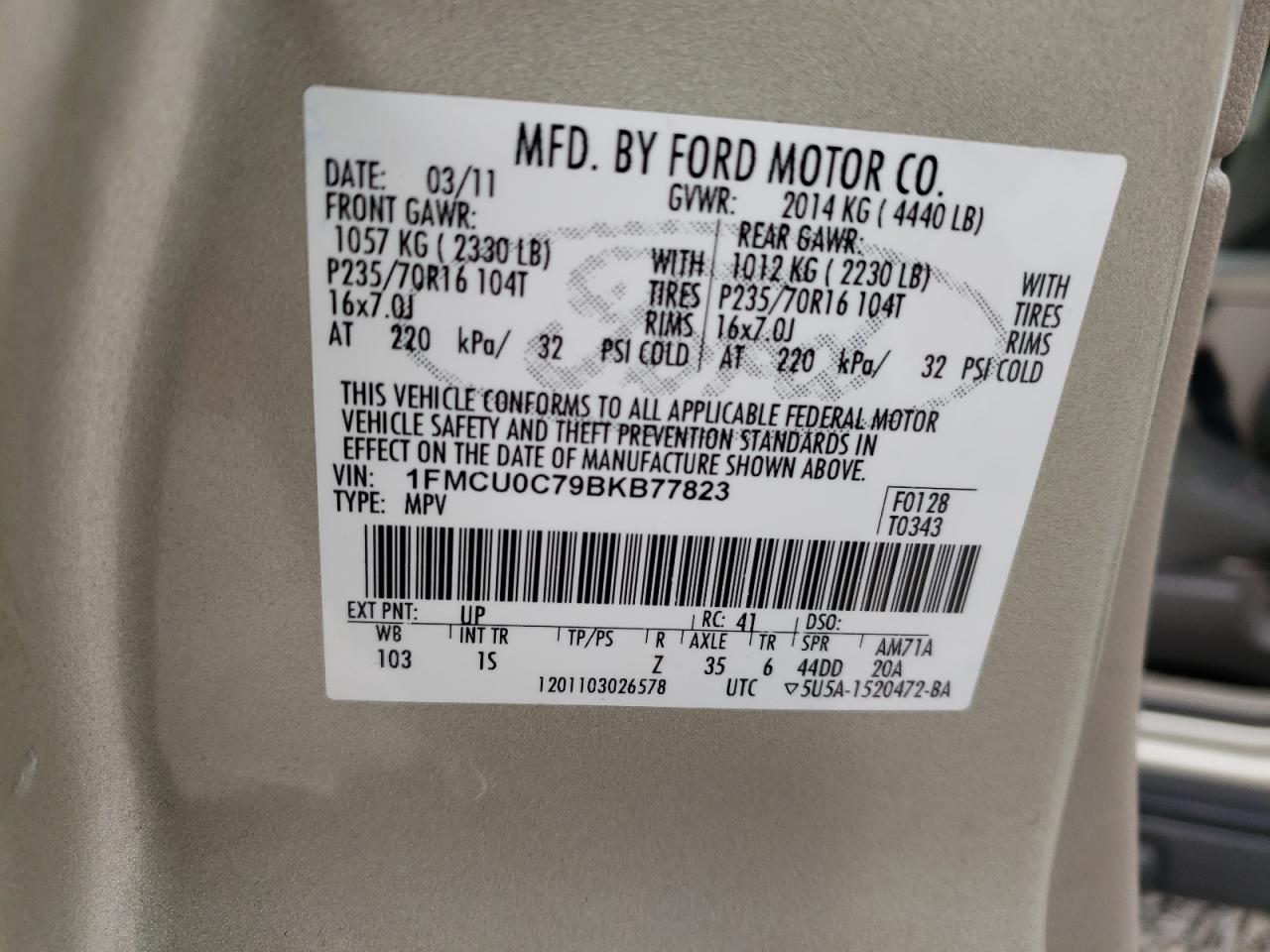 Photo 10 from auction – 2011 FORD ESCAPE XLS with VIN 1FMCU0C79BKB77823