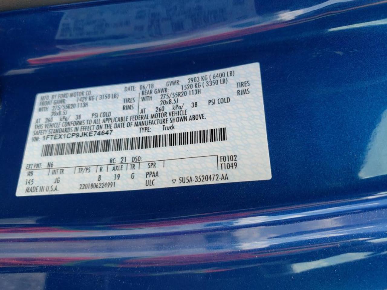 Photo 10 from auction – 2018 FORD F150 SUPER with VIN 1FTEX1CP9JKE74647