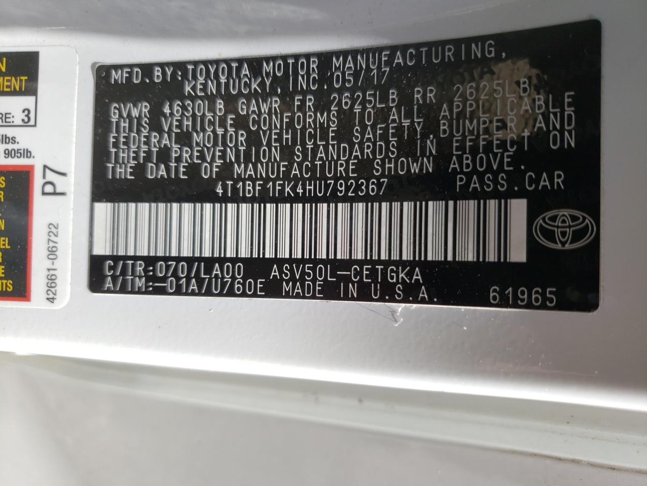 Photo 10 from auction – 2017 TOYOTA CAMRY LE with VIN 4T1BF1FK4HU792367