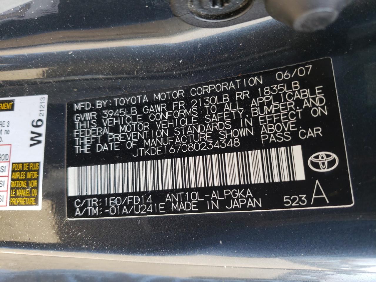 Photo 10 from auction – 2008 SCION TC with VIN JTKDE167080234348