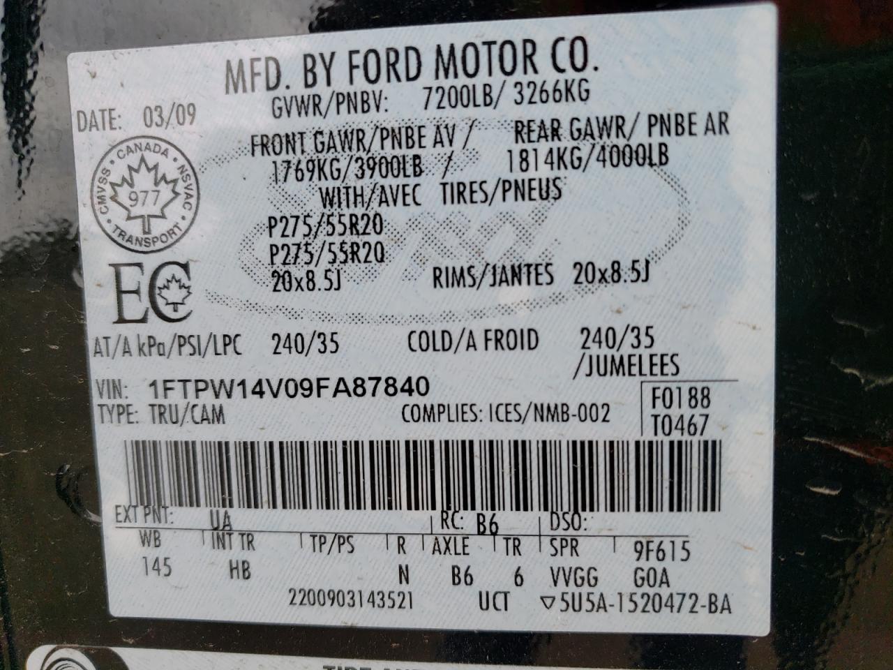Photo 10 from auction – 2009 FORD F150 SUPER with VIN 1FTPW14V09FA87840