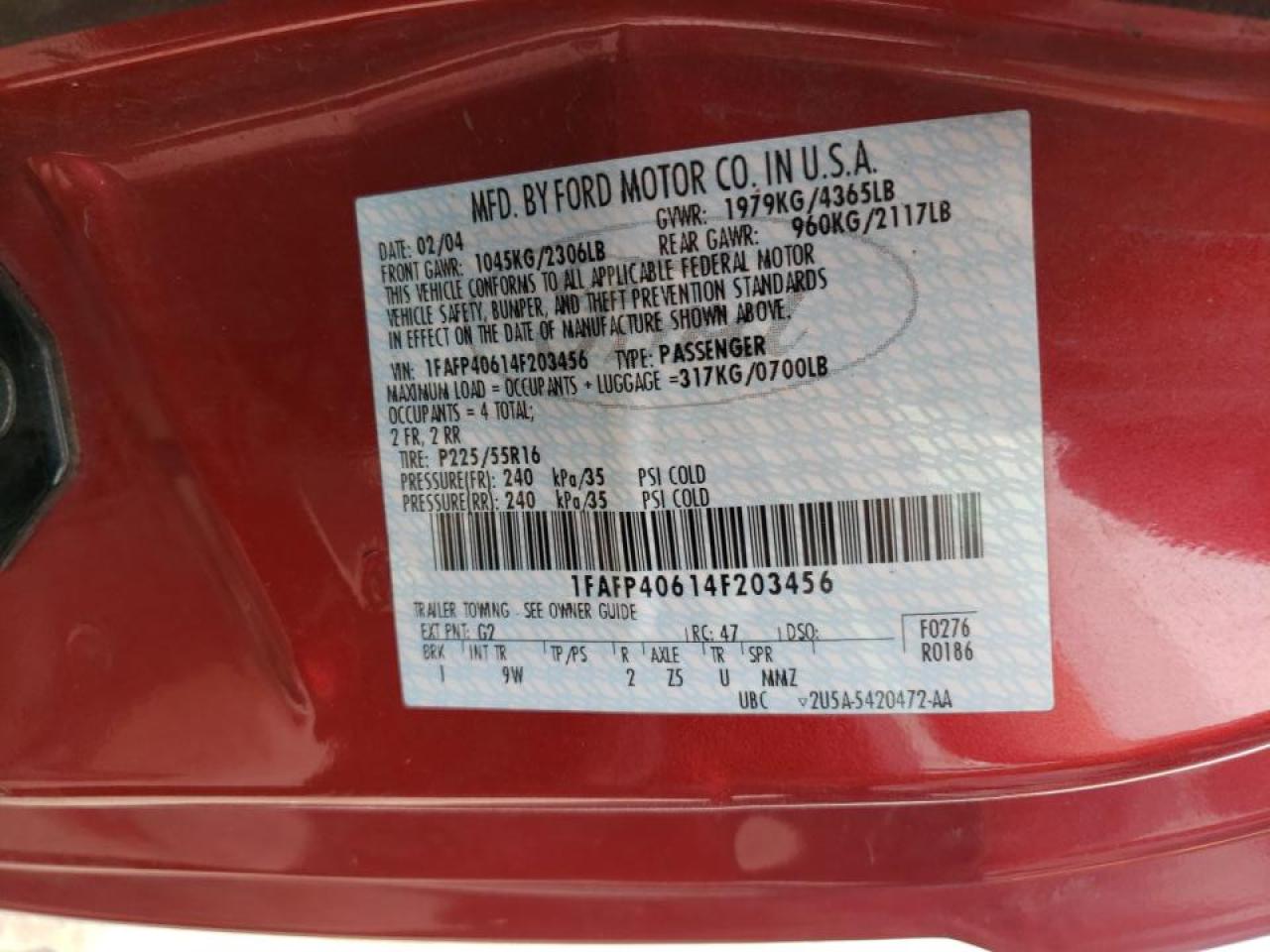 Photo 10 from auction – 2004 FORD MUSTANG with VIN 1FAFP40614F203456