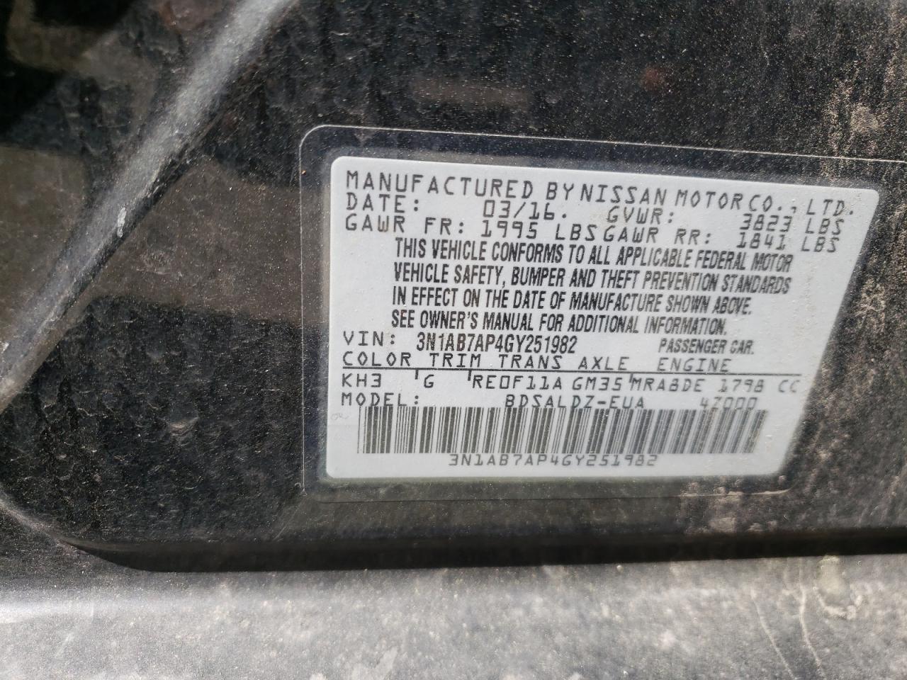 Photo 10 from auction – 2016 NISSAN SENTRA S with VIN 3N1AB7AP4GY251982