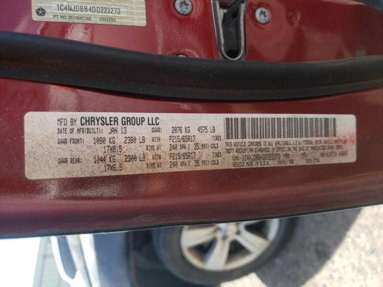 Photo 10 from auction – 2013 JEEP COMPASS SP with VIN 1C4NJDBB4DD222273