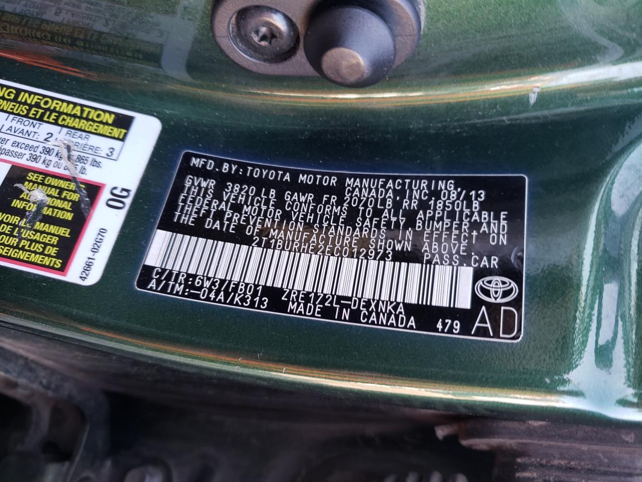 Foto 10 de la subasta – 2014 TOYOTA COROLLA L con VIN 2T1BURHE2EC012973