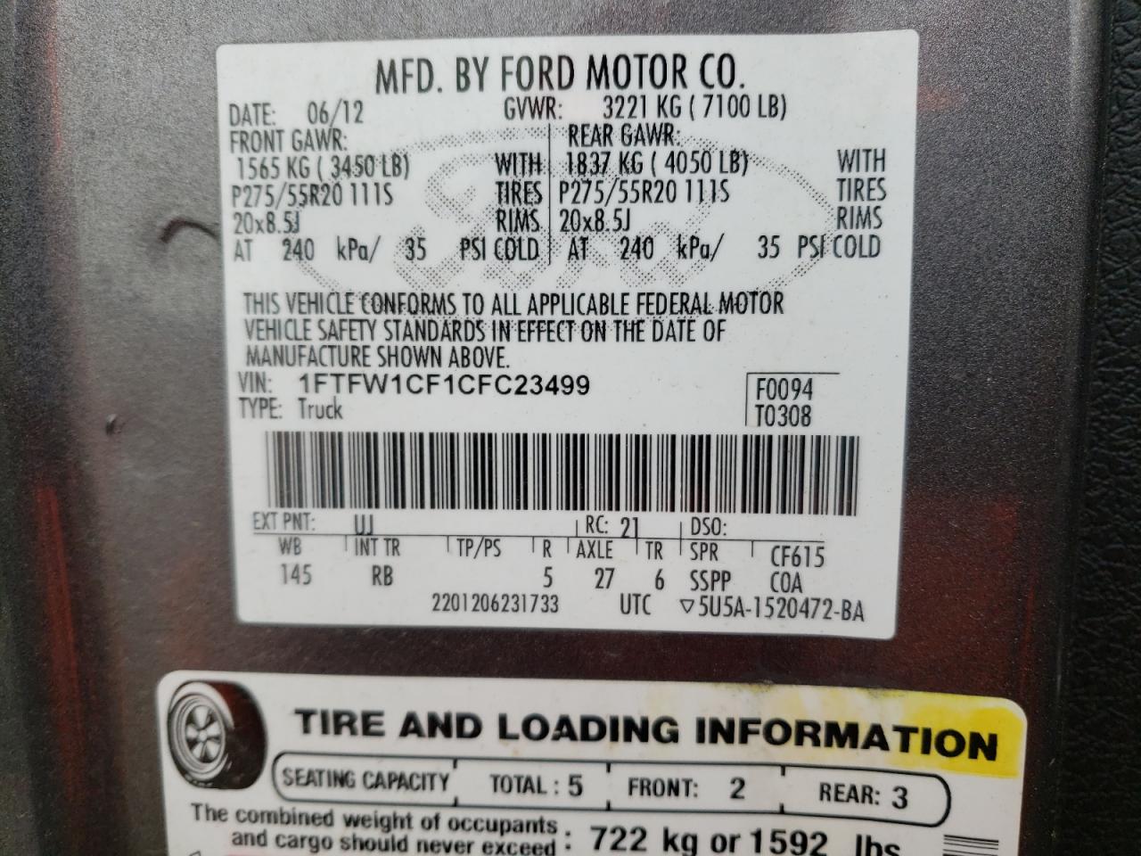 Photo 10 from auction – 2012 FORD F150 SUPER with VIN 1FTFW1CF1CFC23499
