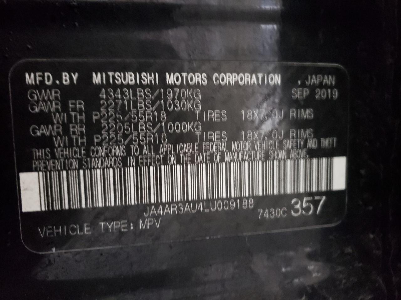 Photo 10 from auction – 2020 MITSUBISHI OUTLANDER with VIN JA4AR3AU4LU009188