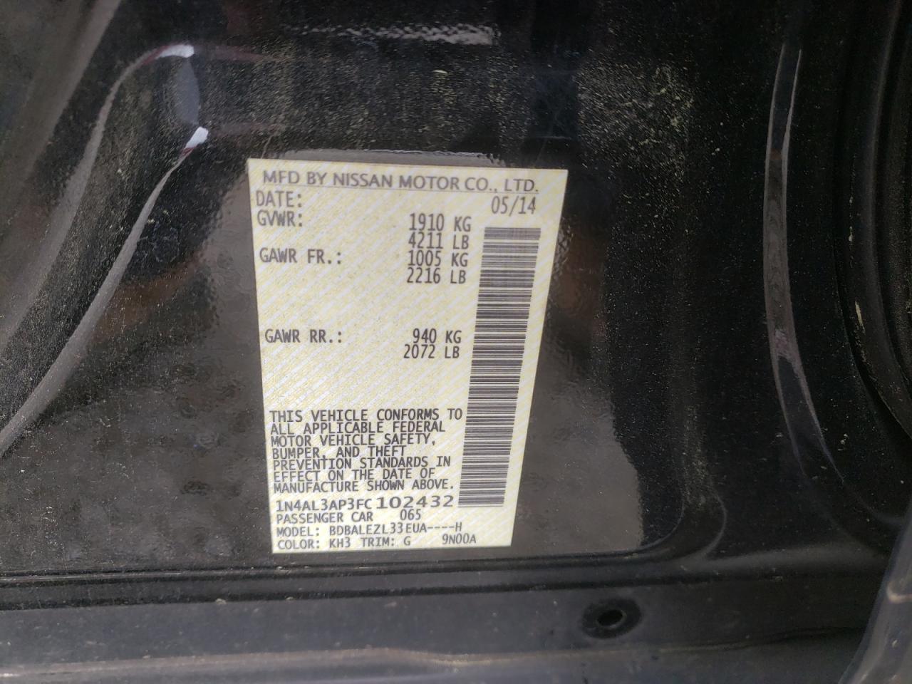 Photo 10 from auction – 2015 NISSAN ALTIMA 2.5 with VIN 1N4AL3AP3FC102432