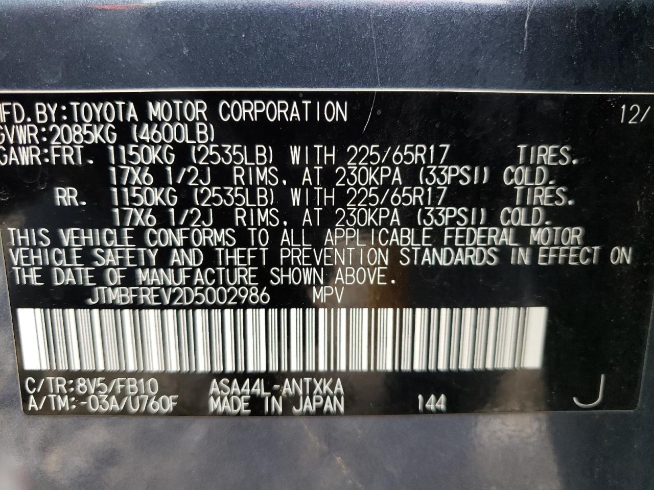 Photo 10 from auction – 2013 TOYOTA RAV4 LE with VIN JTMBFREV2D5002986