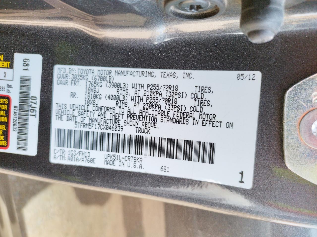 Photo 10 from auction – 2012 TOYOTA TUNDRA DOU with VIN 5TFRM5F17CX046039