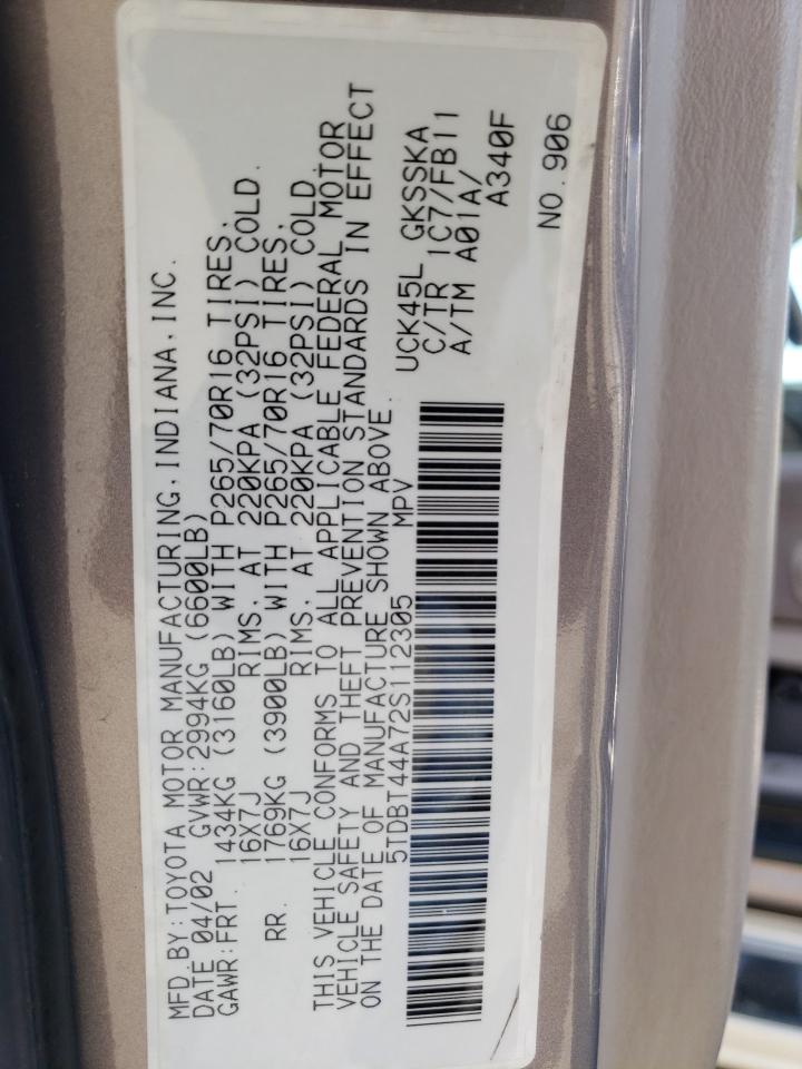 Photo 10 from auction – 2002 TOYOTA SEQUOIA SR with VIN 5TDBT44A72S112305