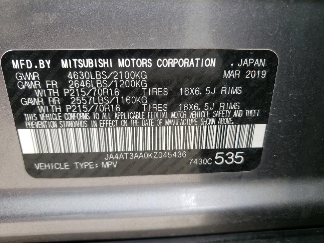 Photo 10 from auction – 2019 MITSUBISHI ECLIPSE CR with VIN JA4AT3AA0KZ045436
