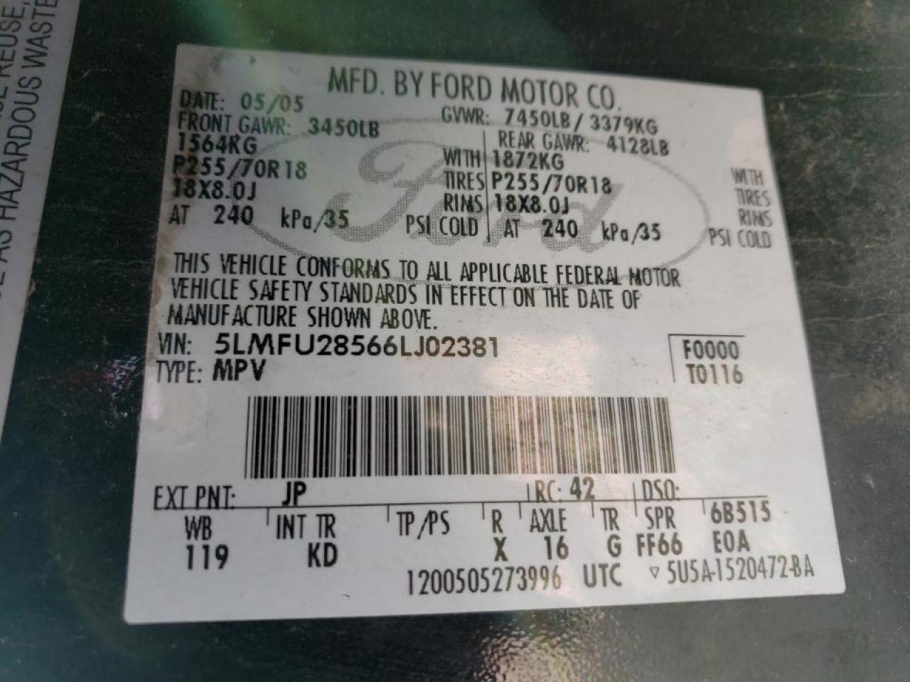Photo 10 from auction – 2006 LINCOLN NAVIGATOR with VIN 5LMFU28566LJ02381