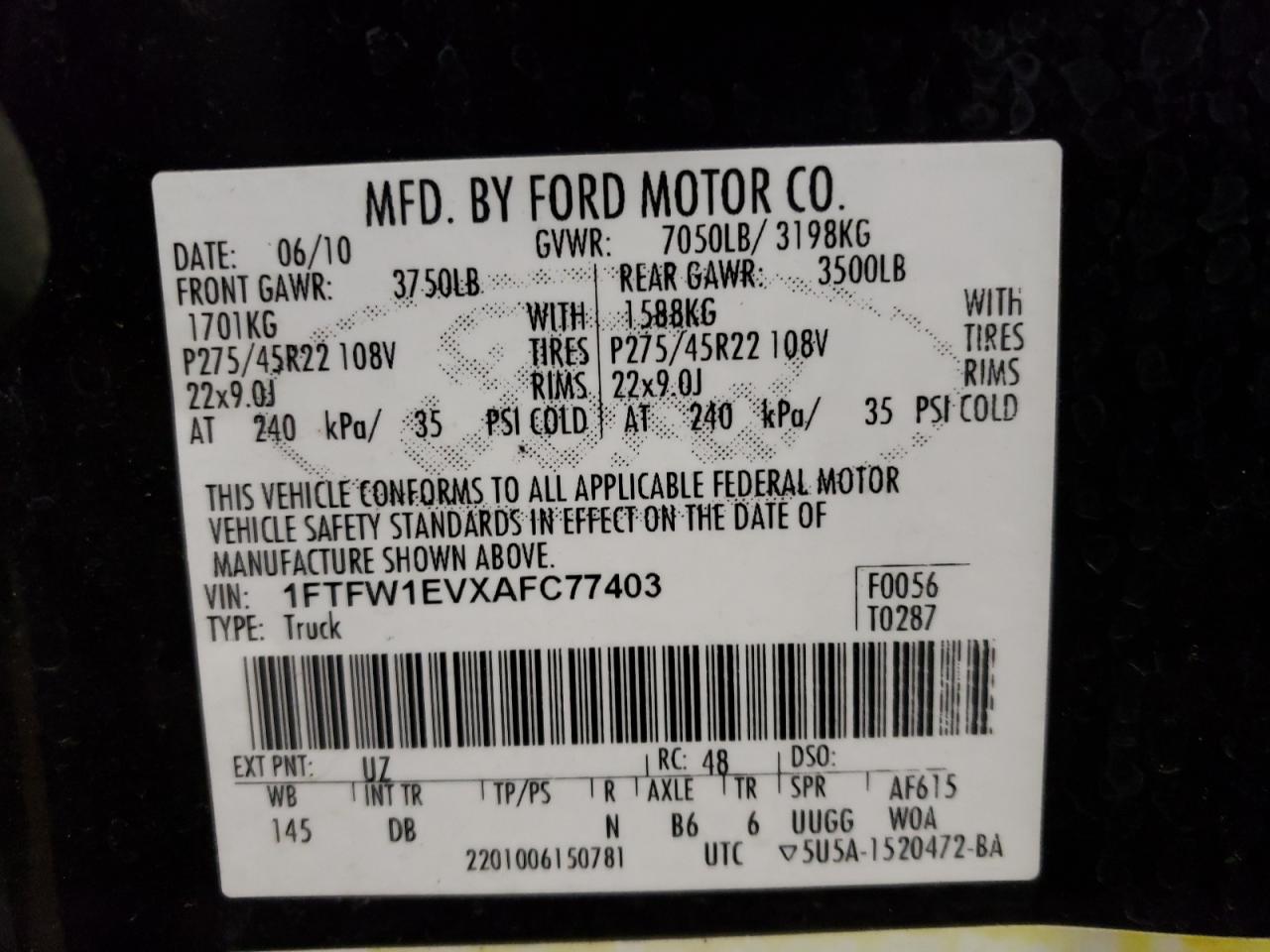 Photo 10 from auction – 2010 FORD F150 SUPER with VIN 1FTFW1EVXAFC77403