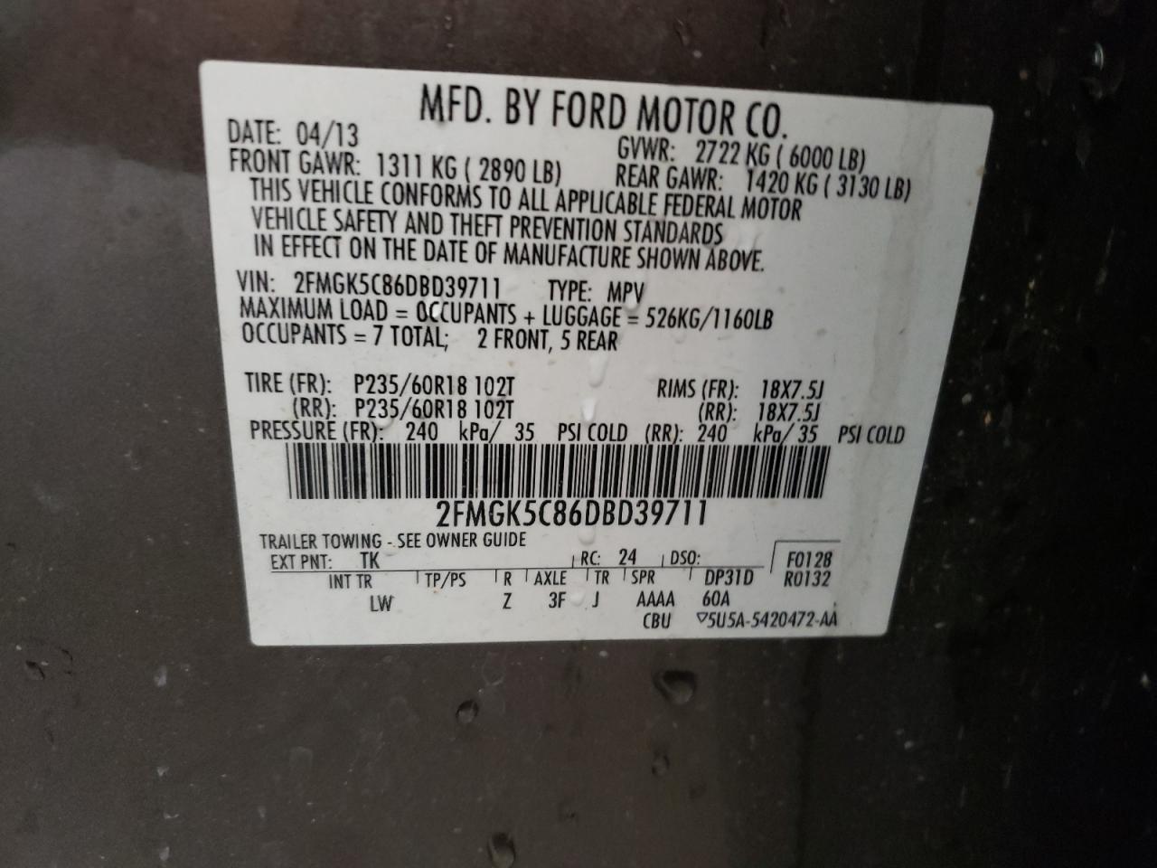 Photo 10 from auction – 2013 FORD FLEX SEL with VIN 2FMGK5C86DBD39711