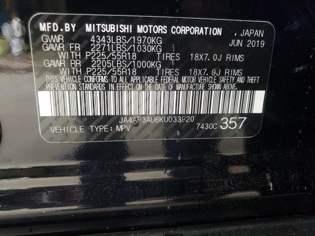 Photo 10 from auction – 2019 MITSUBISHI OUTLANDER with VIN JA4AP3AU6KU033920