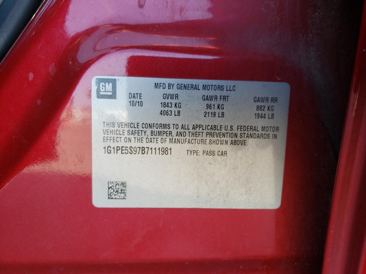 Photo 10 from auction – 2011 CHEVROLET CRUZE LT with VIN 1G1PE5S97B7111981