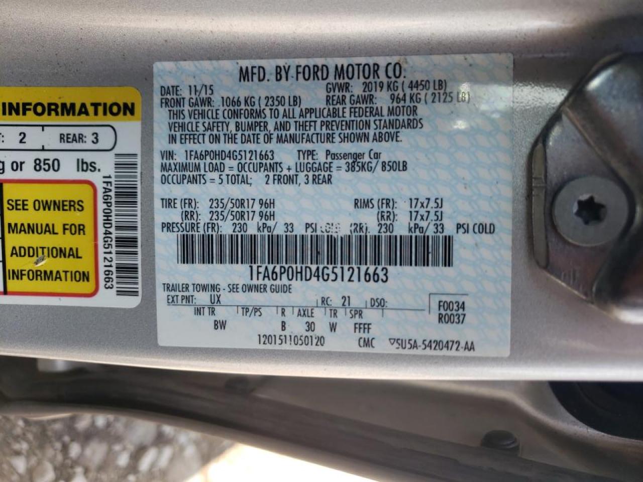 Photo 10 from auction – 2016 FORD FUSION SE with VIN 1FA6P0HD4G5121663