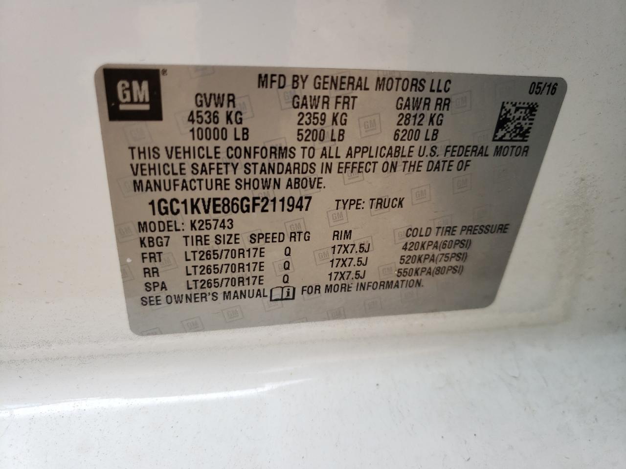 Photo 10 from auction – 2016 CHEVROLET SILVERADO with VIN 1GC1KVE86GF211947