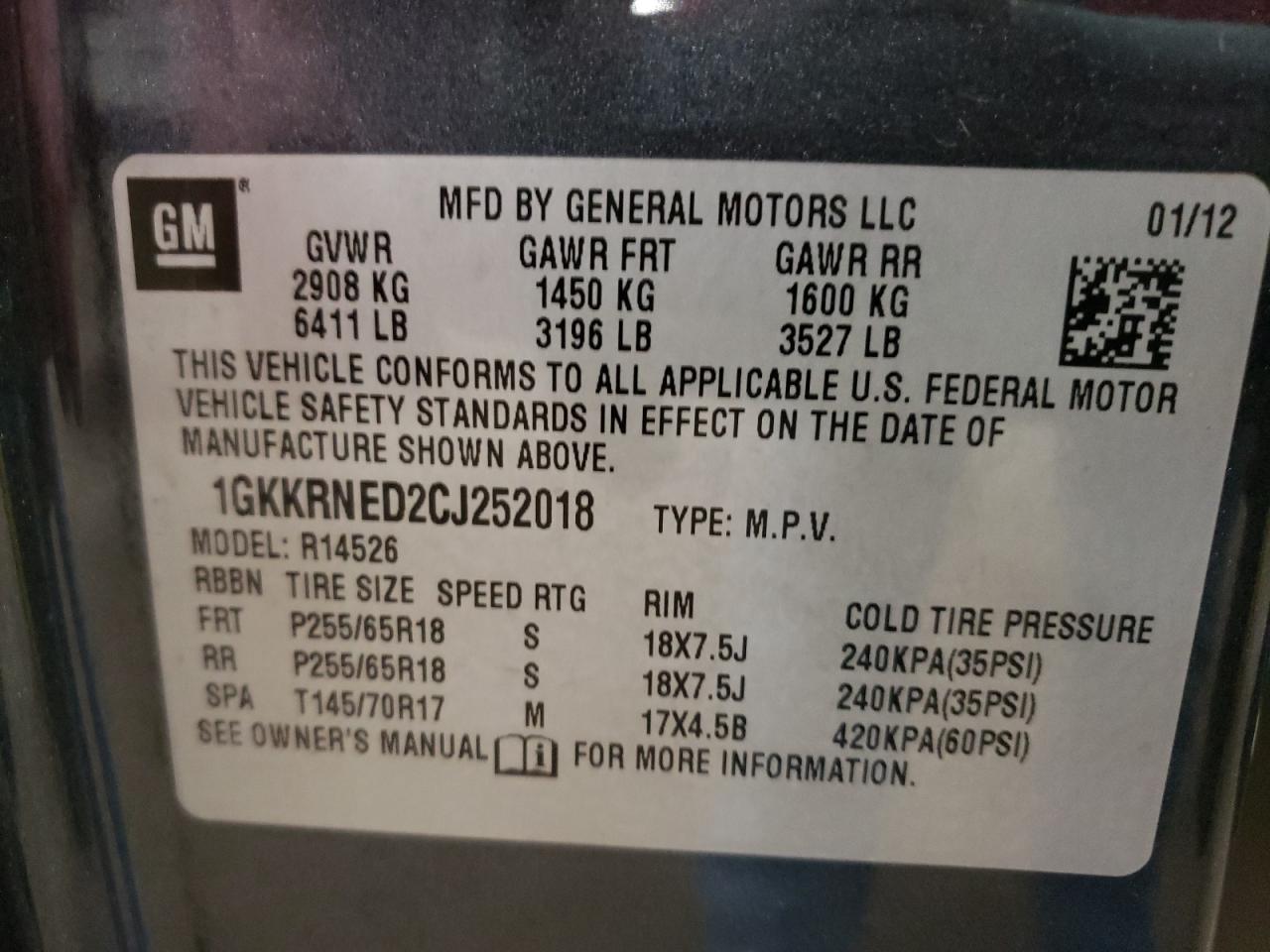 Photo 10 from auction – 2012 GMC ACADIA SLE with VIN 1GKKRNED2CJ252018