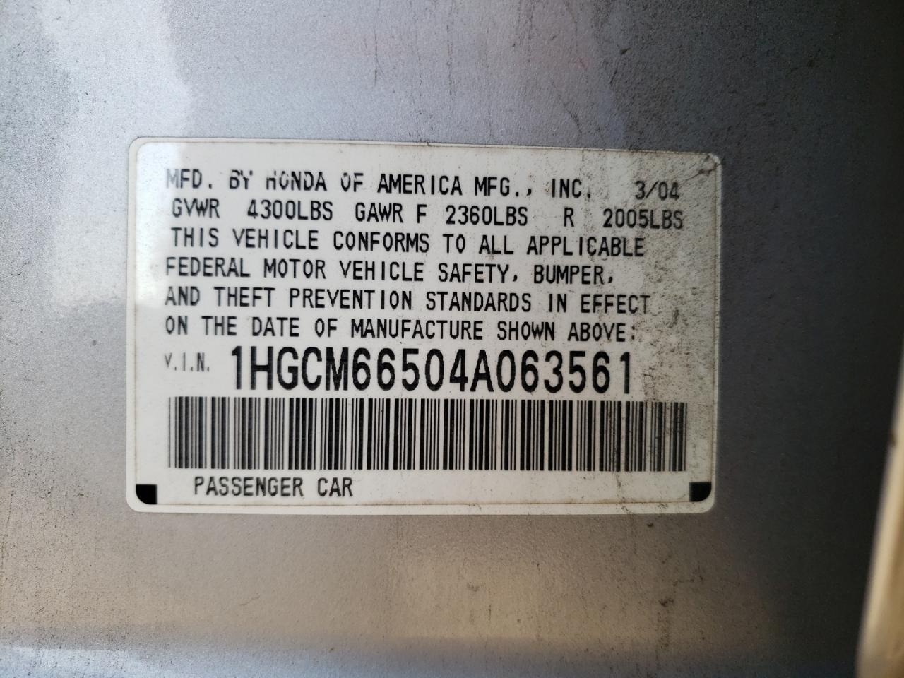 Photo 10 from auction – 2004 HONDA ACCORD EX with VIN 1HGCM66504A063561