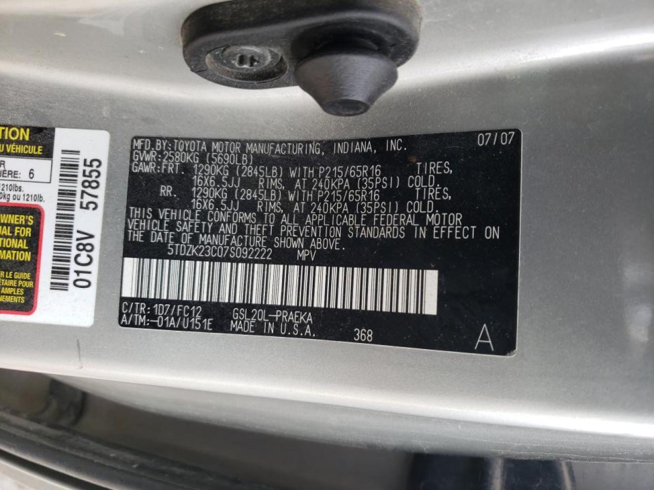 Photo 10 from auction – 2007 TOYOTA SIENNA CE with VIN 5TDZK23C07S092222