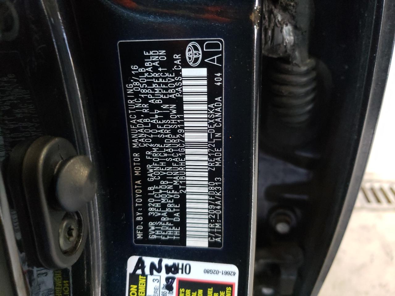 Photo 10 from auction – 2016 TOYOTA COROLLA L with VIN 2T1BURHE1GC729111