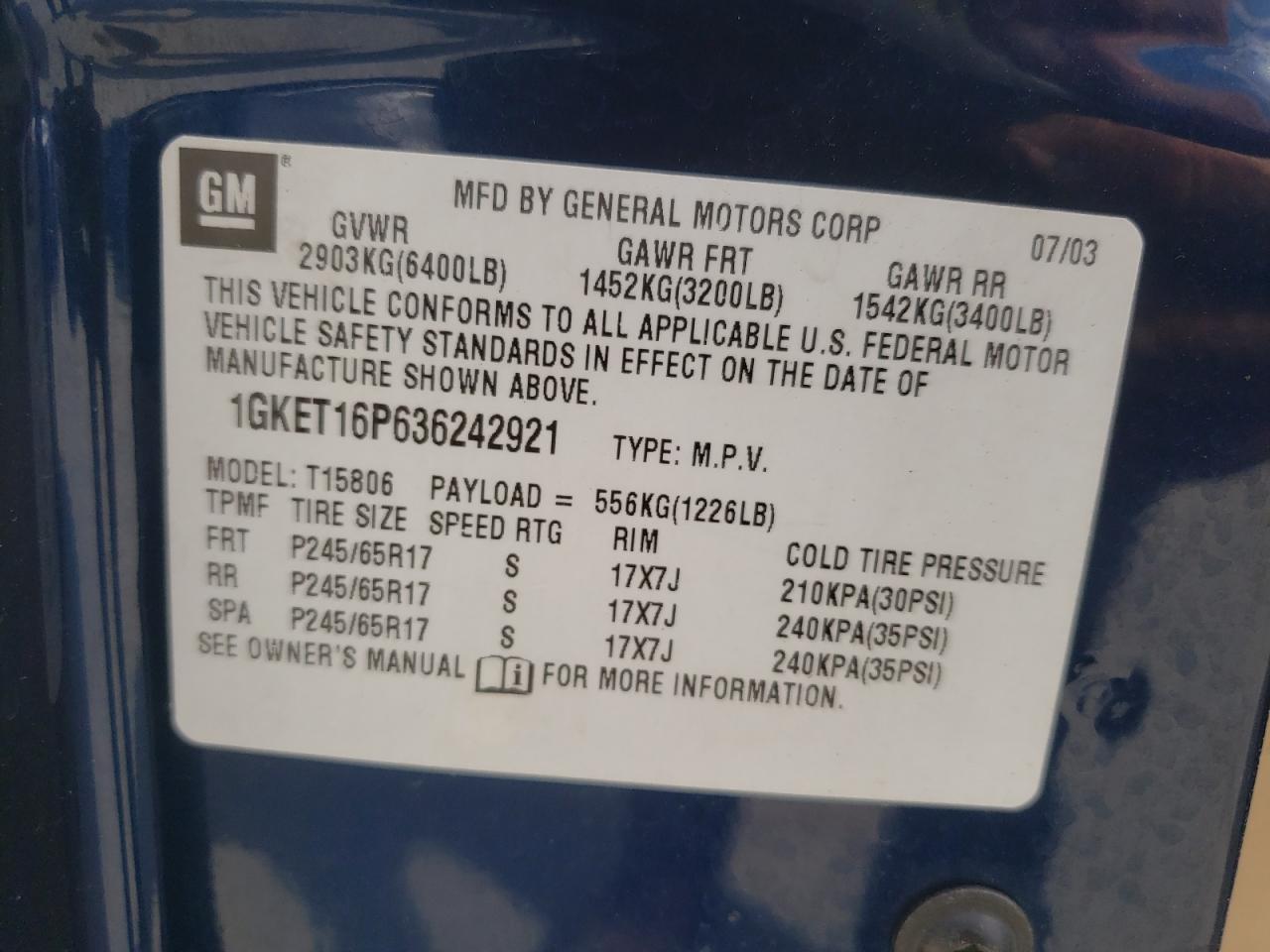 Photo 10 from auction – 2003 GMC ENVOY XL with VIN 1GKET16P636242921