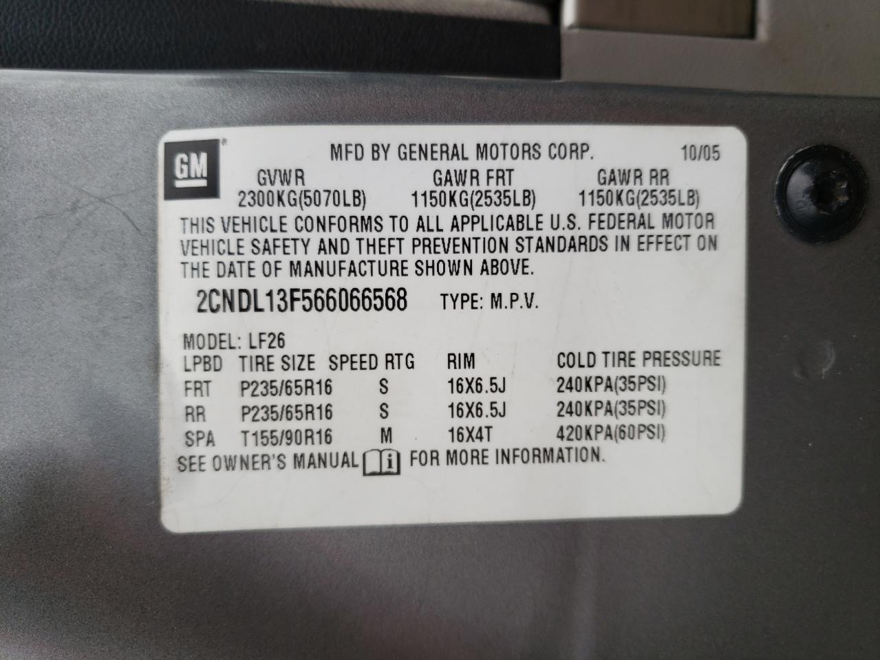 Photo 10 from auction – 2006 CHEVROLET EQUINOX LS with VIN 2CNDL13F566066568