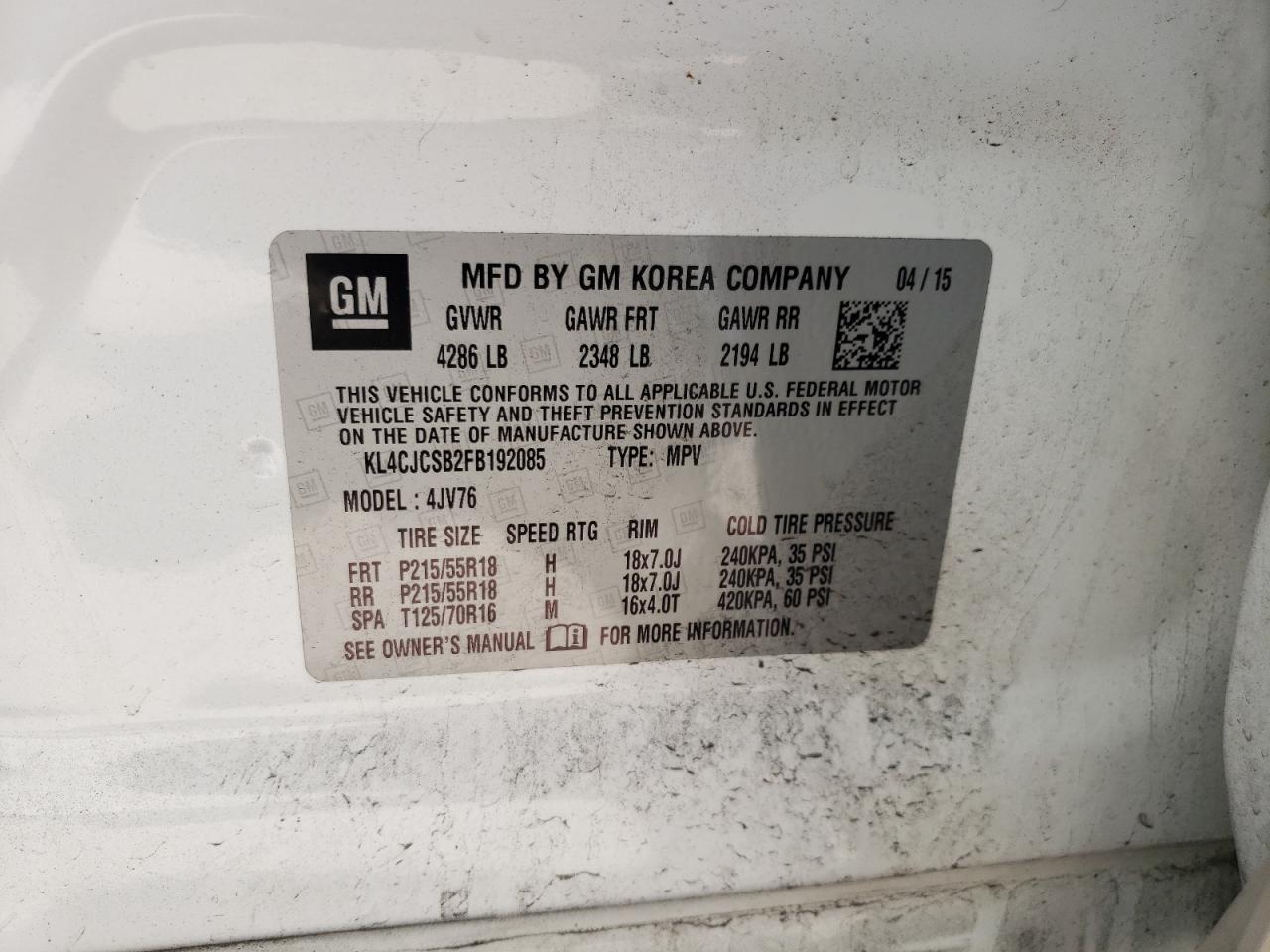 Photo 10 from auction – 2015 BUICK ENCORE with VIN KL4CJCSB2FB192085