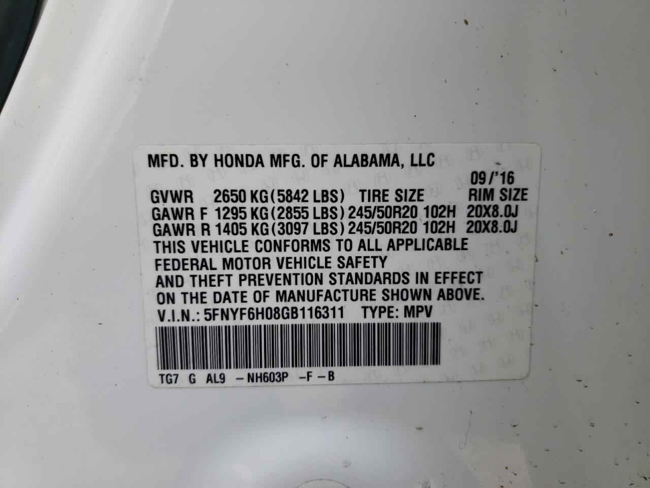 Photo 10 from auction – 2016 HONDA PILOT ELIT with VIN 5FNYF6H08GB116311