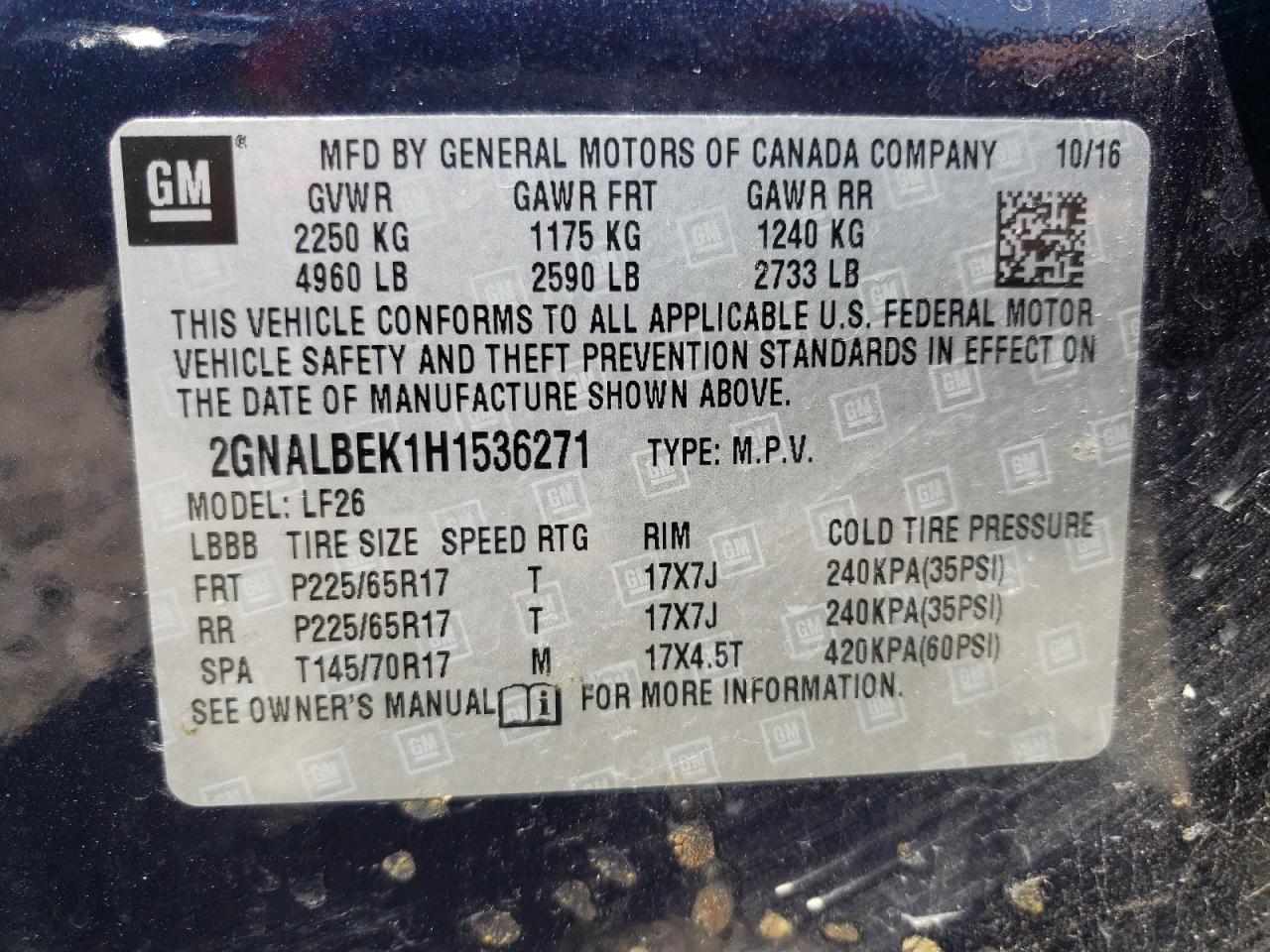 Photo 10 from auction – 2017 CHEVROLET EQUINOX LS with VIN 2GNALBEK1H1536271