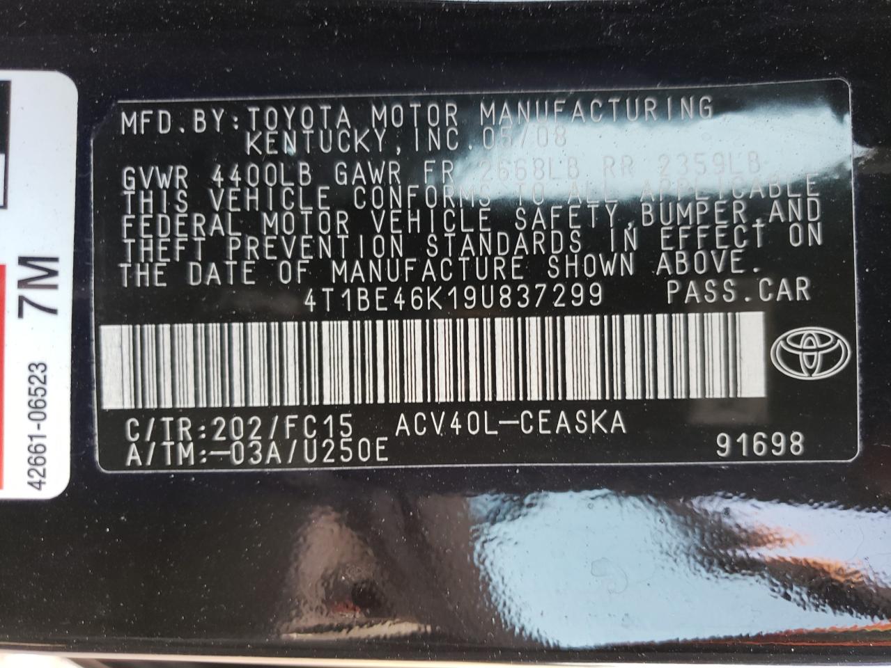 Photo 10 from auction – 2009 TOYOTA CAMRY BASE with VIN 4T1BE46K19U837299