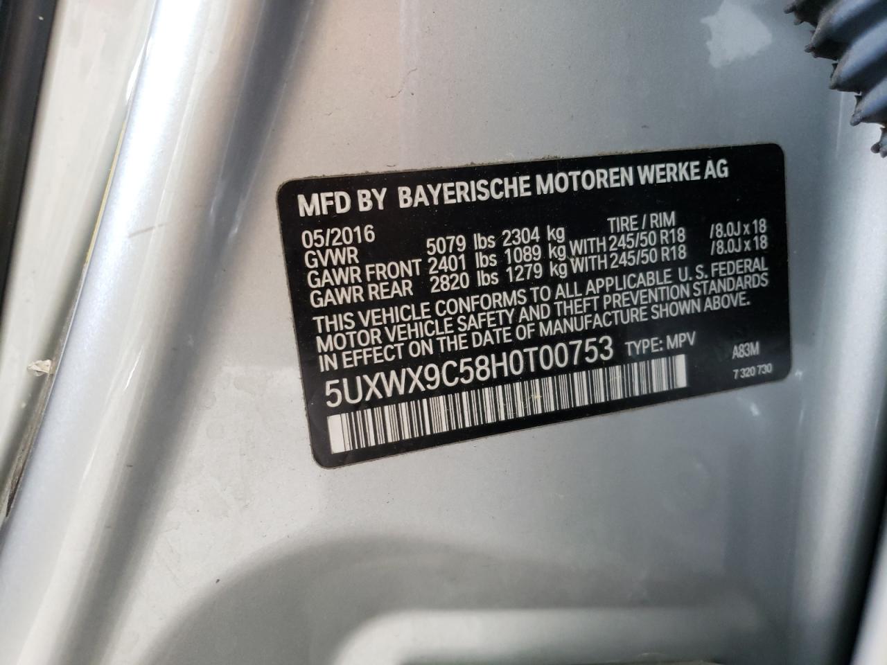 Photo 10 from auction – 2017 BMW X3 XDRIVE2 with VIN 5UXWX9C58H0T00753