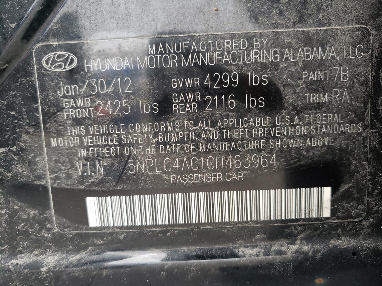 Photo 10 from auction – 2012 HYUNDAI SONATA SE with VIN 5NPEC4AC1CH463964
