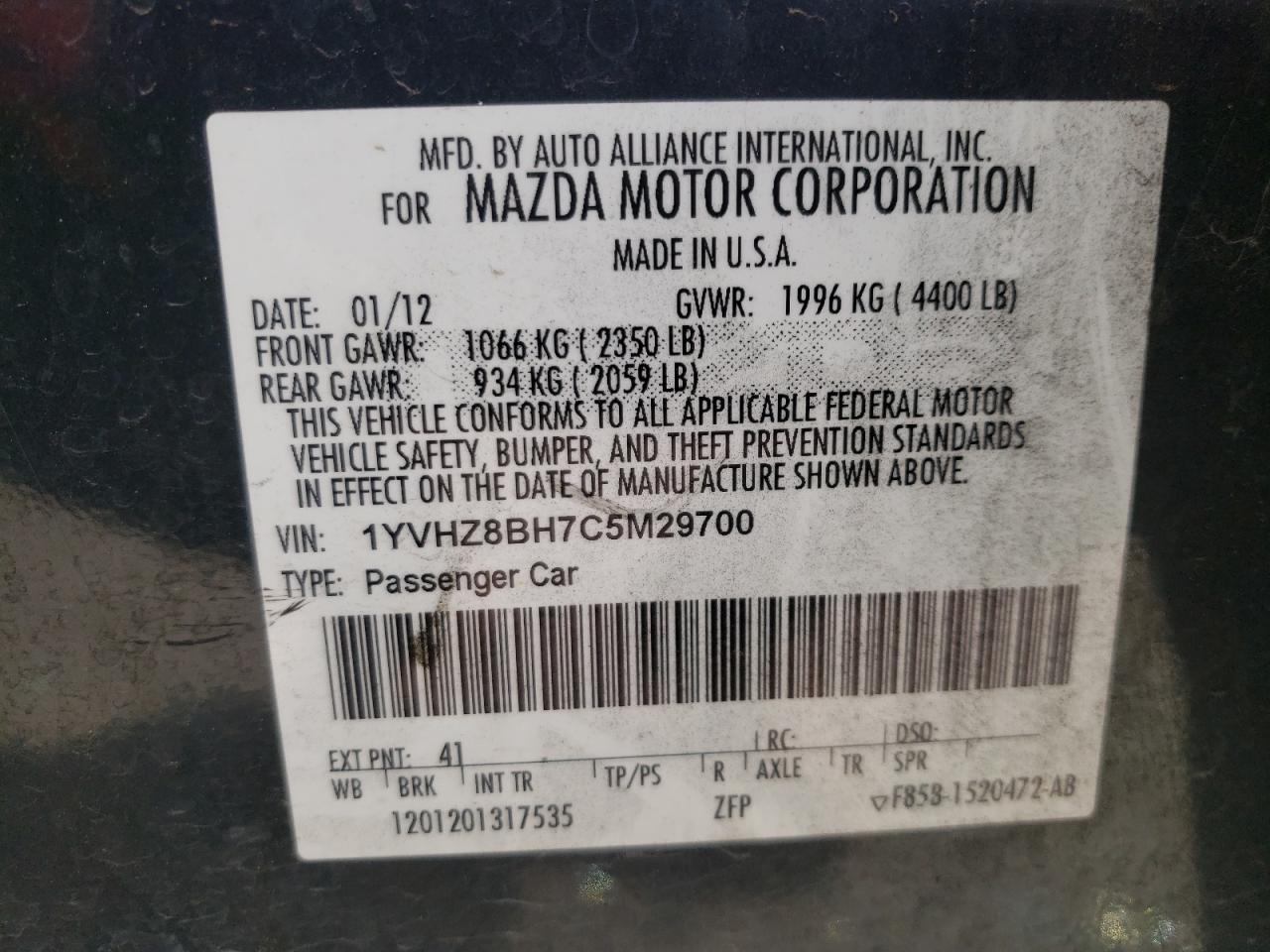 Photo 10 from auction – 2012 MAZDA 6 I with VIN 1YVHZ8BH7C5M29700