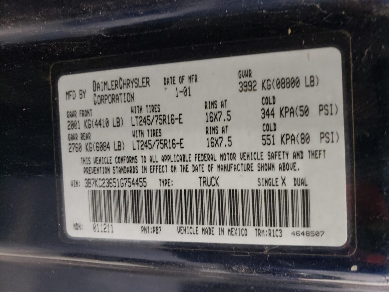 Photo 10 from auction – 2001 DODGE RAM 2500 with VIN 3B7KC23651G754455
