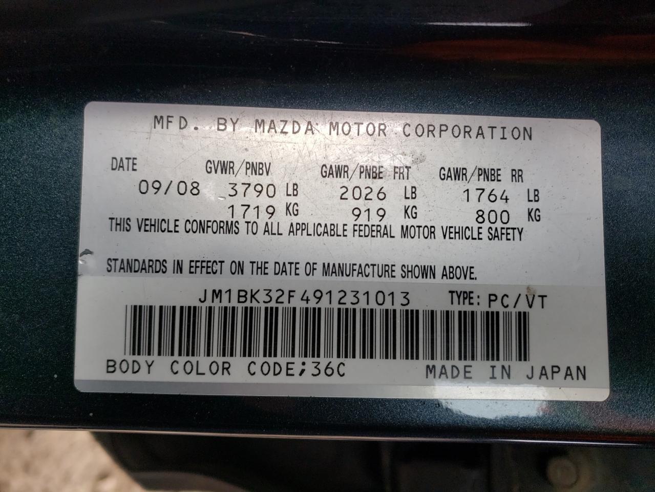 Photo 10 from auction – 2009 MAZDA 3 I with VIN JM1BK32F491231013