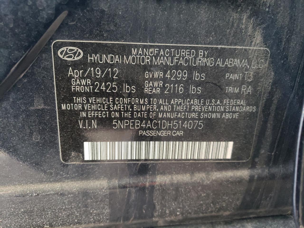 Photo 10 from auction – 2013 HYUNDAI SONATA GLS with VIN 5NPEB4AC1DH514075