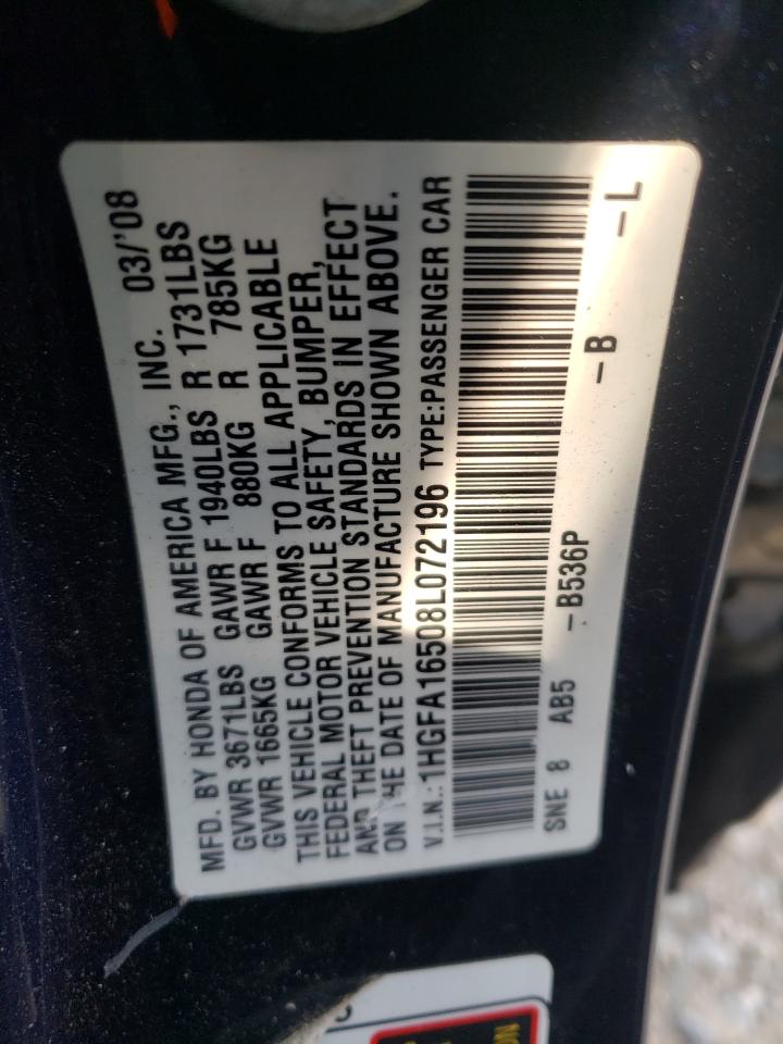 Photo 10 from auction – 2008 HONDA CIVIC LX with VIN 1HGFA16508L072196